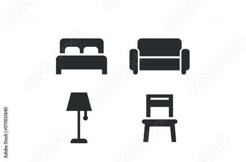 Minimalistic furniture icons: bed, sofa, lamp, chair silhouettes