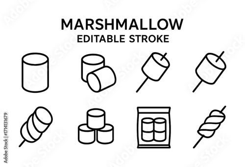 Set of marshmallow icons: skewered sticks and various shapes