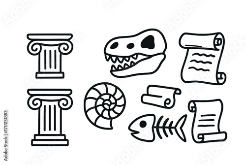 Ancient and fossil icons: columns, dinosaur skull, scrolls, nautilus, fish skeleton