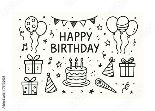 Happy birthday celebration doodle with cake and balloons