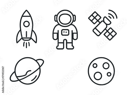 Space icons: rocket, astronaut, satellite, planet, moon illustrations