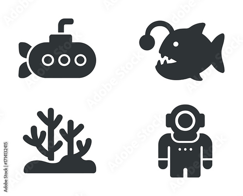 Underwater exploration icons: submarine, anglerfish, coral, diver suit
