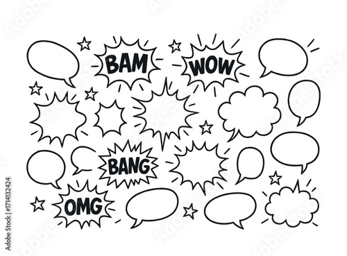 Comic book speech and sound effect bubbles with explosive expressions