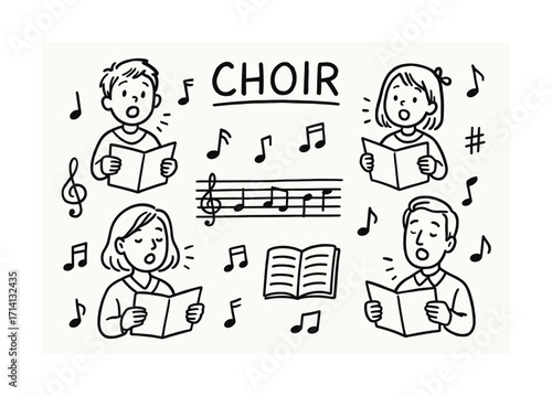 Hand-drawn choir illustration with musical notes and people singing in harmony