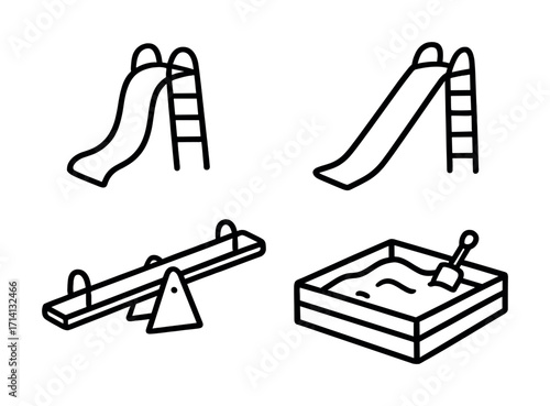 Playground equipment: slides, seesaw, sandbox - simple line art