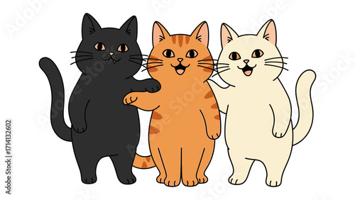 Feline Trio: A delightful trio of animated cats, each with its own unique color and personality, stand together as a symbol of companionship and unity.