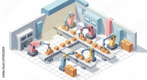 Automated Assembly Line: Robotic Arms Sorting Packages on Conveyor Belts