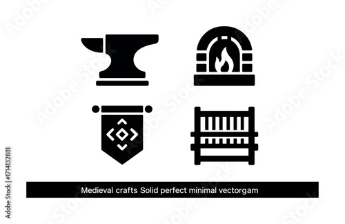 Minimalist medieval craft icons: anvil, forge, banner, fence