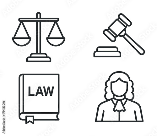 Legal icons set: scales, gavel, law book, and judge representation for justice concepts