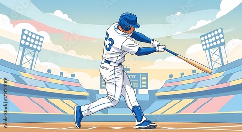 Baseball Player Hitting Ball in Stadium Cartoon Illustration