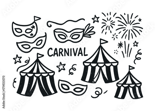 Carnival celebration doodles with tents, masks, and fireworks in black and white