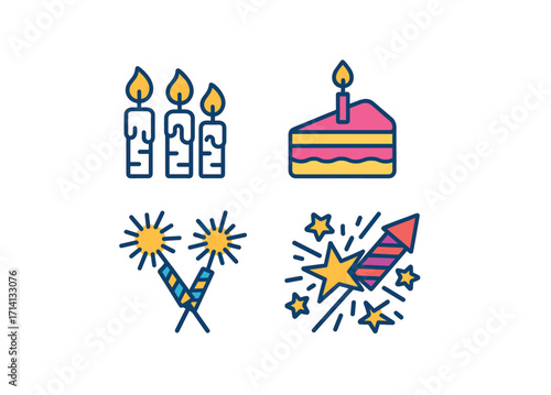 Birthday celebration icons: candles, cake, sparklers, fireworks