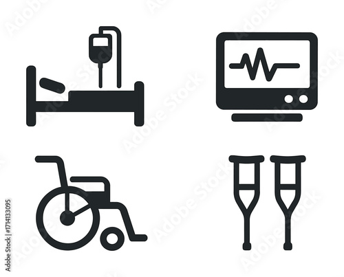 Healthcare symbols: hospital bed, monitor, wheelchair, crutches icons