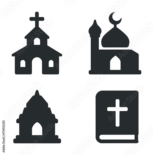 Religious symbols: church mosque temple bible icons in black