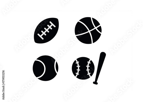 Icon set of popular sports equipment: football, basketball, tennis, baseball