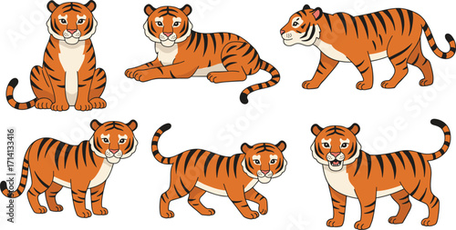 Cartoon tiger illustration, cute wild animal drawing, jungle predator clipart, wildlife character art, Bengal tiger design, zoo mascot vector