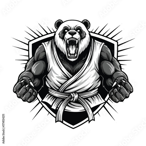 Powerful panda in a martial arts uniform, roaring, with muscular arms and a protective shield, showcasing strength and aggression.
