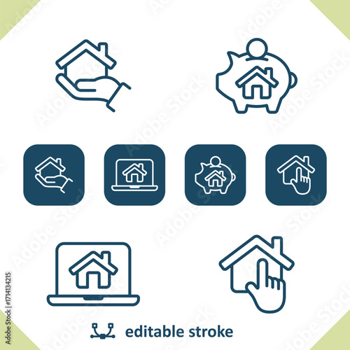 Real Estate Icons. House, Home, Hand, Piggubank, Laptop, COmputer, Finger, Hand Icon