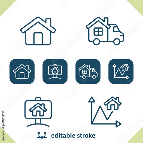 Real Estate Icons. House, Home, Moving Van, For Sale Sign, Graph Icon