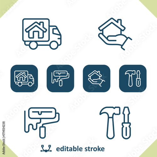 Real Estate Icons. House, Home, Moving Truck, Hand, Paint Roller, Tools Icon