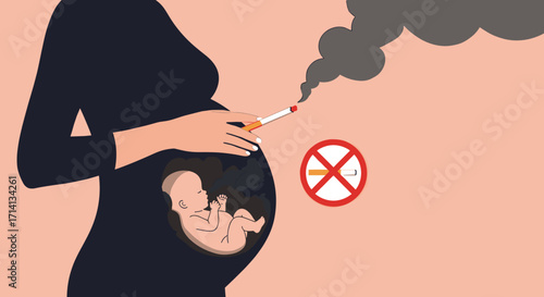 Pregnant woman holding cigarette with smoke symbolizing harm to unborn child  