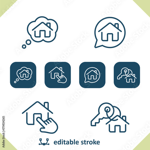 Real Estate Icons. House, Home, Thinking, Talking, Finger, Thought Bubble, Chat, Key Icon