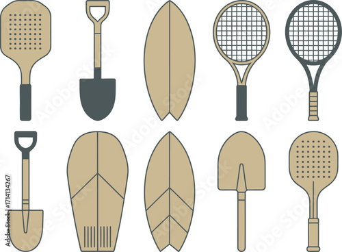 Illustrated collection of sports and gardening equipment on white