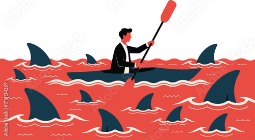 Man in kayak surrounded by shark fins in red ocean illustration