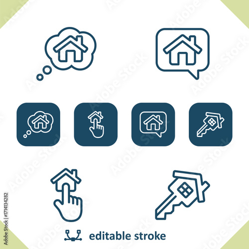 Real Estate Icons. House, Home, Thinking, Talking, Finger, Thought Bubble, Chat, Key Icon