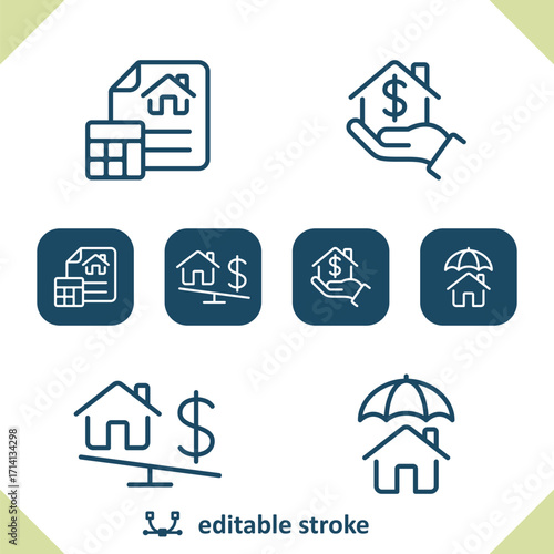 Real Estate Icons. House, Home, Umbrella, Insurance, Mortgage, Hand, Percent Icon