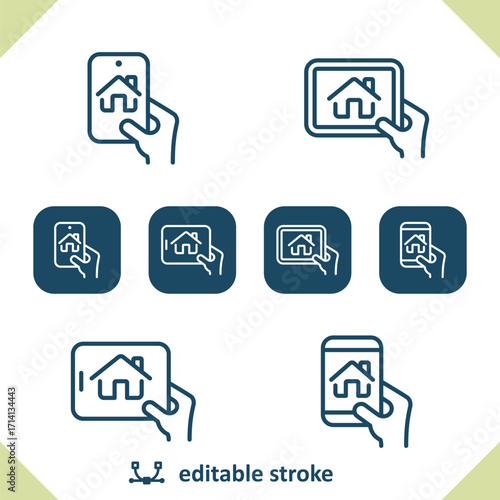 Smart Home Icons. House, Technology, Smartphone, Tablet, Hand Icon