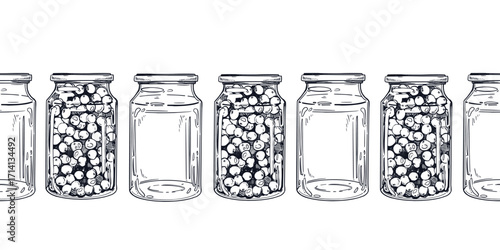 Seamless vector border of glass jars, jars of berry jam, food preparation for the winter. Everything is hand-drawn in ink. For printing on packaging of goods, food, textiles. Vector illustration