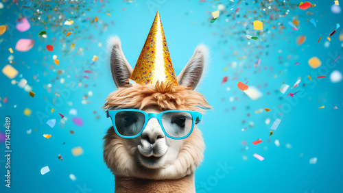 Stylish llama wearing sunglasses and party hat on blue background. Humorous animal portrait for design.