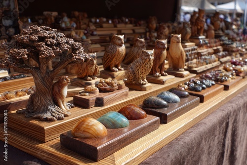 Artisanal crafts displayed on a table feature wooden animal carvings and polished stone designs.