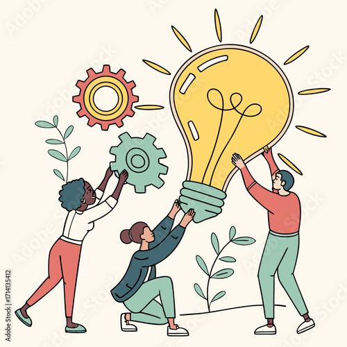 Teamwork illustration with people holding a lightbulb and gears showing collaboration and innovation created with generated ai