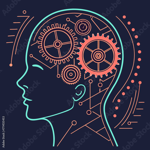 Illustration of a head with gears inside representing artificial intelligence and thinking process concept created with generated ai