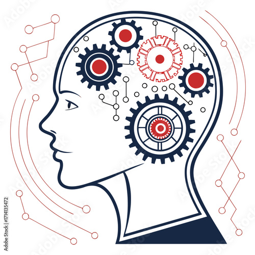Illustration of a head outline filled with gears and connected dots representing artificial intelligence created with generated ai