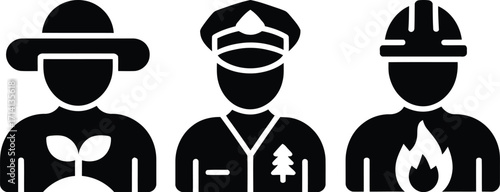 Three icons showing different professions in black and white style