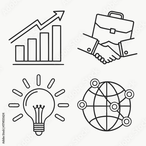 Illustration showing business growth, handshake, lightbulb idea, and global network connection design created with generated ai