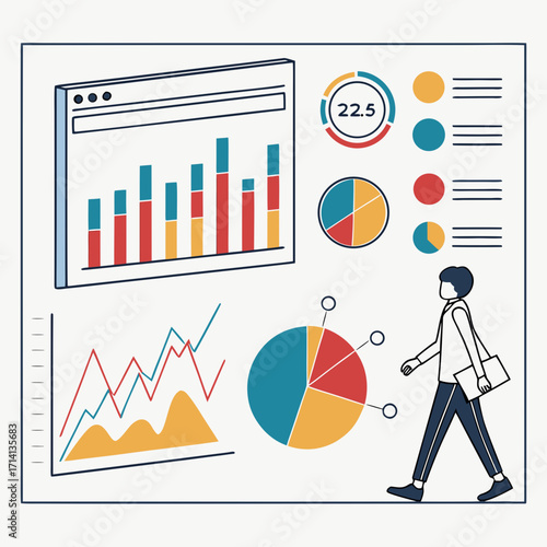 Illustration of a person walking by various financial charts and graphs on a light background created with generated ai