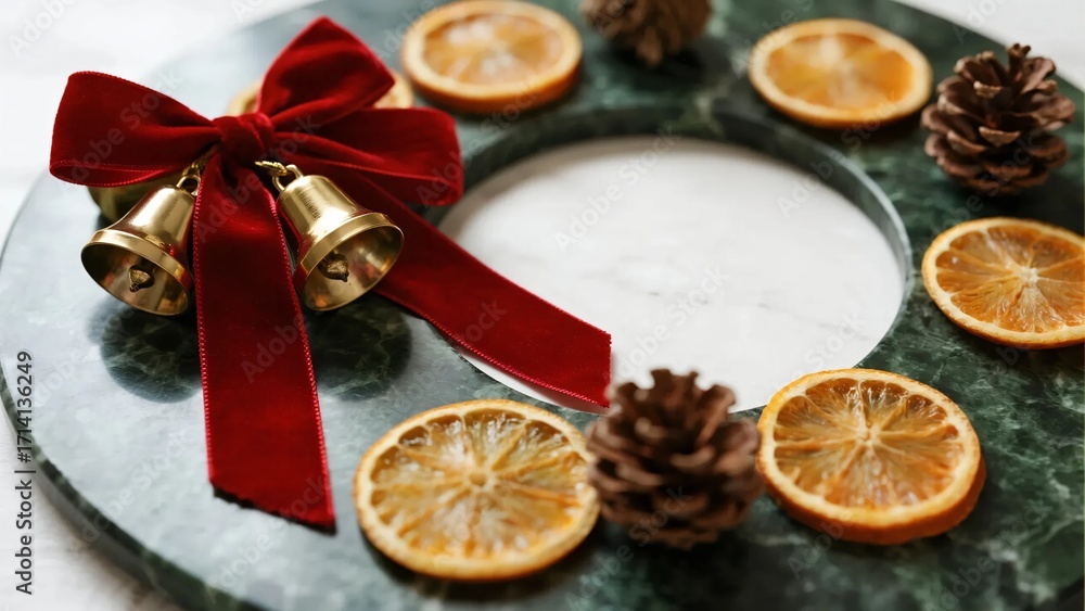 Fototapeta premium Elegant Christmas Wreath with Red Velvet Bow, Golden Bells, Dried Orange Slices and Pinecones Decoration