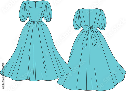 Elegant aqua blue gown with a square neckline, puffed sleeves, and a bow on the back. A CAD drawing flat vector illustration.