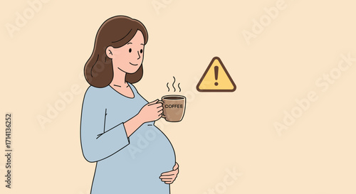 A pregnant woman holds a cup of coffee with a warning sign about the dangers of caffeine for the unborn child,harm of caffeine, low birth weight, anemia, anxiety