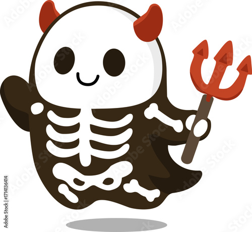 Halloween skeleton ghost character wearing black cloak with red horns and trident for spooky festive design