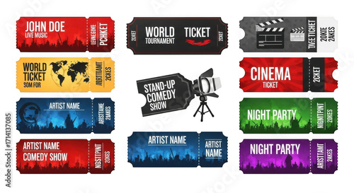 A collection of various event tickets including cinema, comedy show, and music concert tickets isolated on transparent background