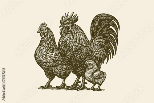 Rooster hen and chick vintage engraving style vector illustration