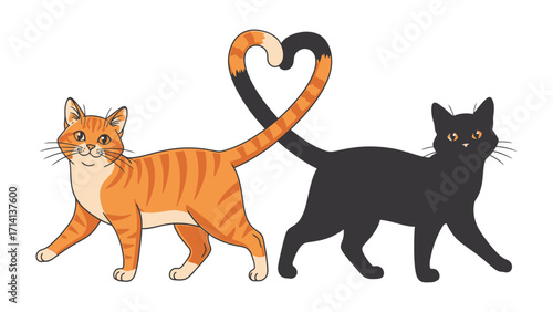 Love's Feline Embrace: Two charming cat companions express their affection, their tails forming a heart-shaped embrace, illustrating a tale of love and harmony.