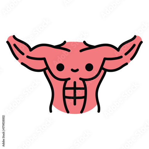 Cute muscular male torso, emphasizing defined abs and bicep muscles, with a simple, friendly cartoon face illustration