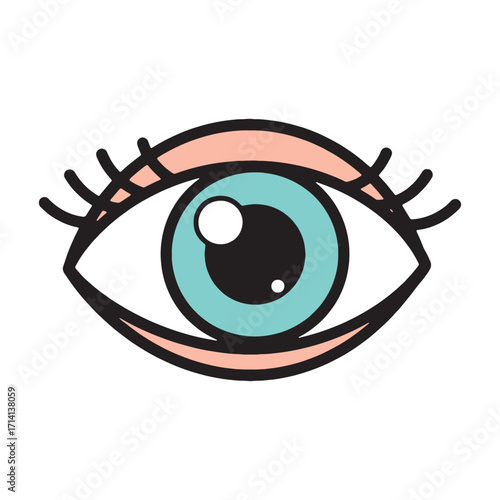 Anatomical illustration of a human eye with a blue iris and light pink eyelid details, rendered in a clean graphic style