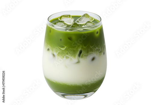 фотографія Isolated Matcha latte in a glass with ice cubes, a refreshing summer drink and s